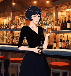 a woman with black hair in a bar with bottles on the counter,an animation of a woman with a drink