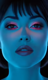 a woman is shown wearing blue and purple makeup