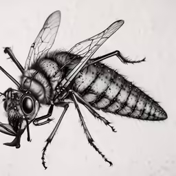 a fly with black and white wings, head and legs