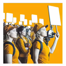 three girls are holding up a small white screen