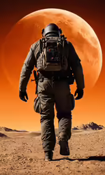 a military man walking across the desert, toward an orange moon