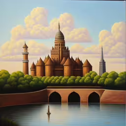 this is a painting of a castle and bridge,a painting of a castle and water with a bridge