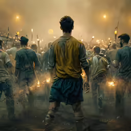 a group of people in uniform with fire torches