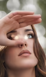 a close up photo of a young woman looking up and holding her hand on her forehead