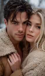 a close up of two people dressed in winter clothing
