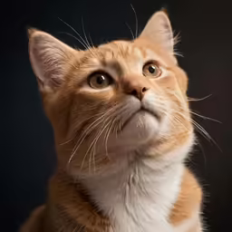 an orange cat stares intently at something while it looks up