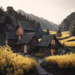 the mountain side has many small houses with thatched roofs