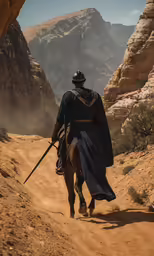 a man dressed in an outfit and riding a horse through the desert