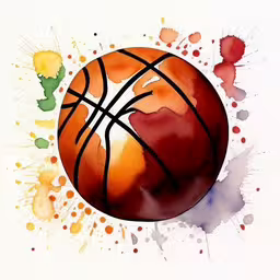 a painting of a basketball ball with paint splatters around it,watercolor painting of a basketball ball with spots of orange and yellow