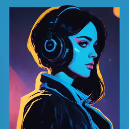 a woman in a black jacket with headphones,a woman wearing headphones looking to her left