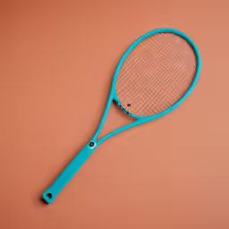 a blue tennis racket resting on an orange background