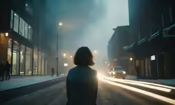 a man standing in the middle of a snowy city at night