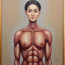 painting of a girl with muscles on the side,a man is posing with his stomach exposed