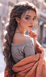 a woman with long brown hair wearing a scarf