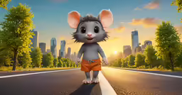 a grey mouse stands in the middle of a road