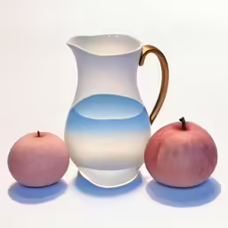 a glass vase and some fruit on a white background