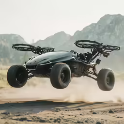 an all terrain vehicle in mid air, with the front wheels off
