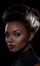 a woman with a black dress and red lipstick is wearing earrings