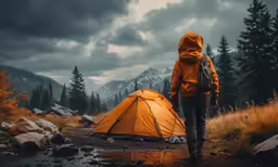 a person standing near a tent in the rain