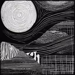 a black and white drawing of a landscape with lines,the image has lines with some black and white
