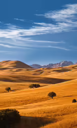 the view over a golden field with mountains in the distance