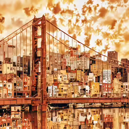 a painting of a bridge with buildings reflected in the water