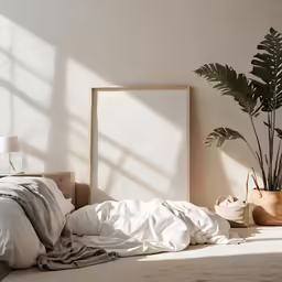 an empty bed with pillows in a room