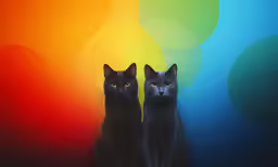 a pair of cats sitting in front of a rainbow background