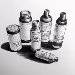 three different types of bottles and one bottle of liquid