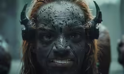 a woman is wearing headphones and makeup in the shape of horns
