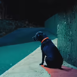 a black dog sits on the edge of a pool looking off into the distance