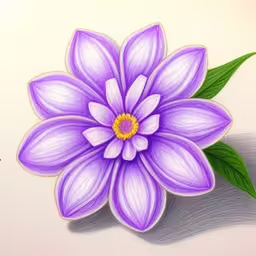drawing purple and white flowers on white paper,there is a purple flower with green leaves,a flower with long green leaves sitting on top of a white table,a drawing of purple flowers that are on a piece of paper,an artistic drawing of a purple flower