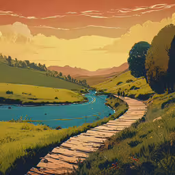 a small creek flows into an unpaved country road,a painting of a river in a countryside