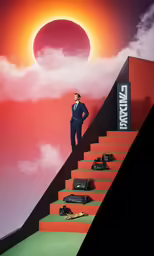 man in suit standing on red step leading to an advertisement