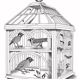 a drawing of birds inside of a small bird cage,an illustration of a bird cage with birds inside,the inside of a birdcage filled with birds,a black and white drawing of birds inside a cage,a drawing of birds perched inside of a birdcage