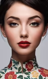 a woman with her hair in a bun with bright red lipstick and flower pattern on the shirt