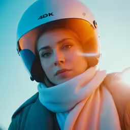 a close up of a person wearing a helmet and scarf