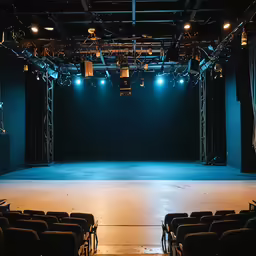 a dark empty stage with seats set up for an event
