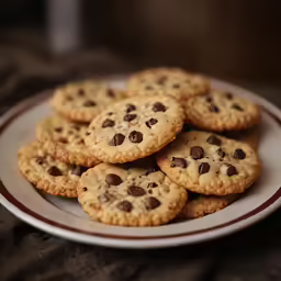 a plate filled with chocolate chip cookies sitting on a table