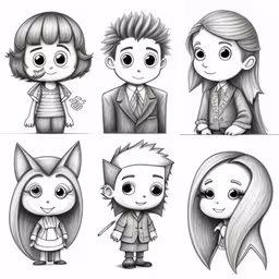 several drawings of people from different ages,five different types of characters in various poses