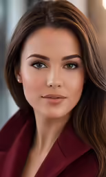 an attractive woman with long hair wearing a red suit