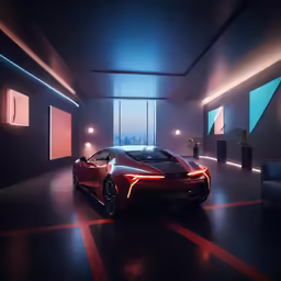 the orange car is parked in a modern garage