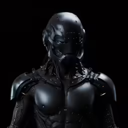 a robot with dark clothing and black hair