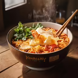 a bowl of ramen with noodles, mushrooms and herbs