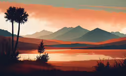 an oil painting of a sunset by the water,trees that are sitting next to the water