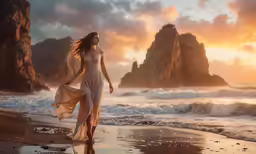 a woman walking along a sandy beach during the sunset