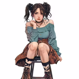 a girl sitting on top of a stool in tight clothes