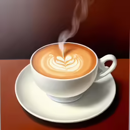 steaming coffee on plate with saucer on brown table
