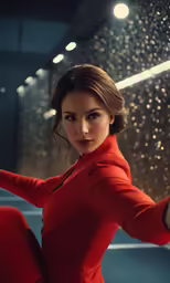 a woman posing for a photo while wearing red clothes