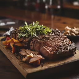 some meat on a wooden cutting board on a table